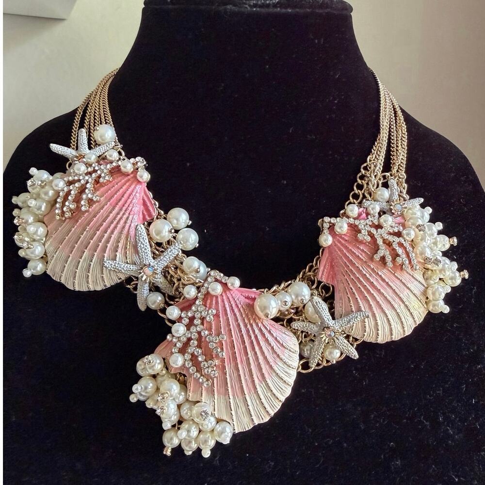 Betsey Johnson Shell Necklace Starfish Pearl Pink Gold Statement Chunky